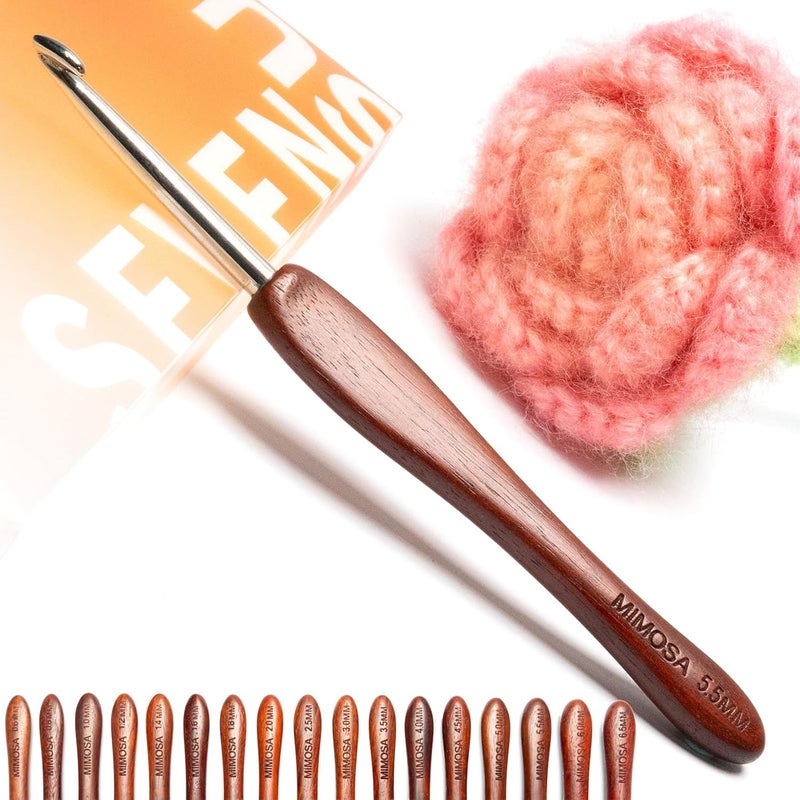 sevensun Mimosa 5.5mm Single Crochet Hook, Available in 0.6mm-6.5mm, Ergonomic Hand Polished Stainless Steel Inline Pointy Wood Handle Crochet Hook for Arthritic Hands, Mother's Day Gifts for Mom - Image 1